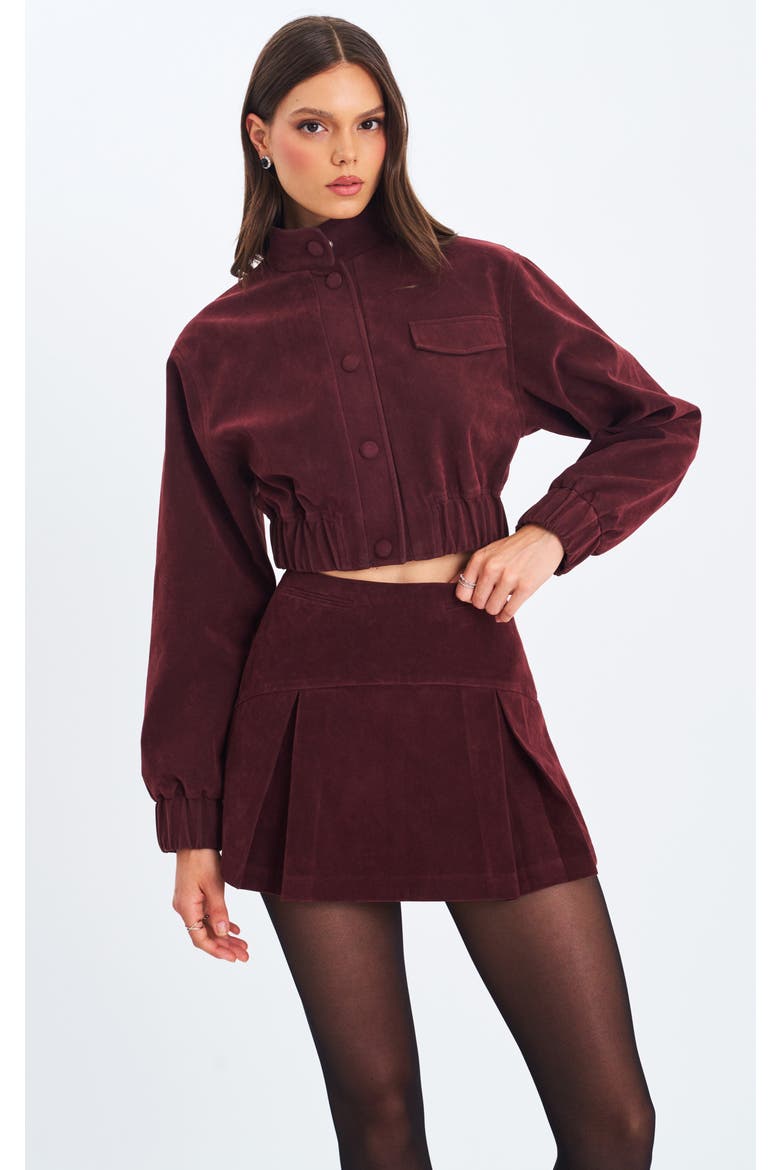 Farryn Vegan Suede Cropped Bomber Jacket, Main, color, Mahogany