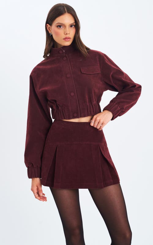 Miss Circle Farryn Vegan Suede Cropped Bomber Jacket In Burgundy