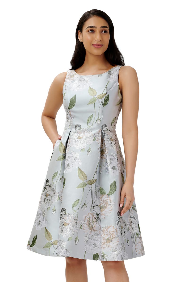 green emerald velvet dress Sleeveless Jacquard Fit And Flare Midi Dress In Blue Multi main image 0