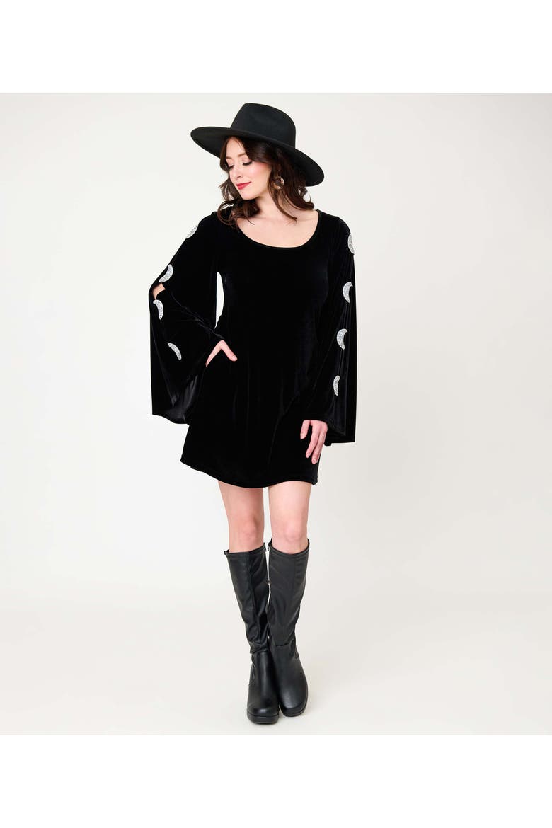 Angel Sleeve Downtown Scene Mini Fit & Flare Dress, Alternate, color, Black w/ Crescent Moon