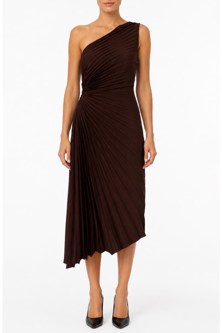 Satin Pleat One Shoulder Midi Dress, Main, color, CHOCOLATE