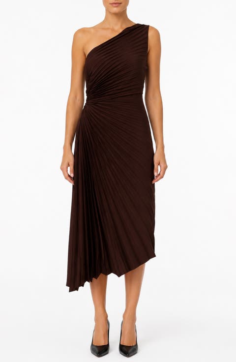 Satin Pleat One Shoulder Midi Dress