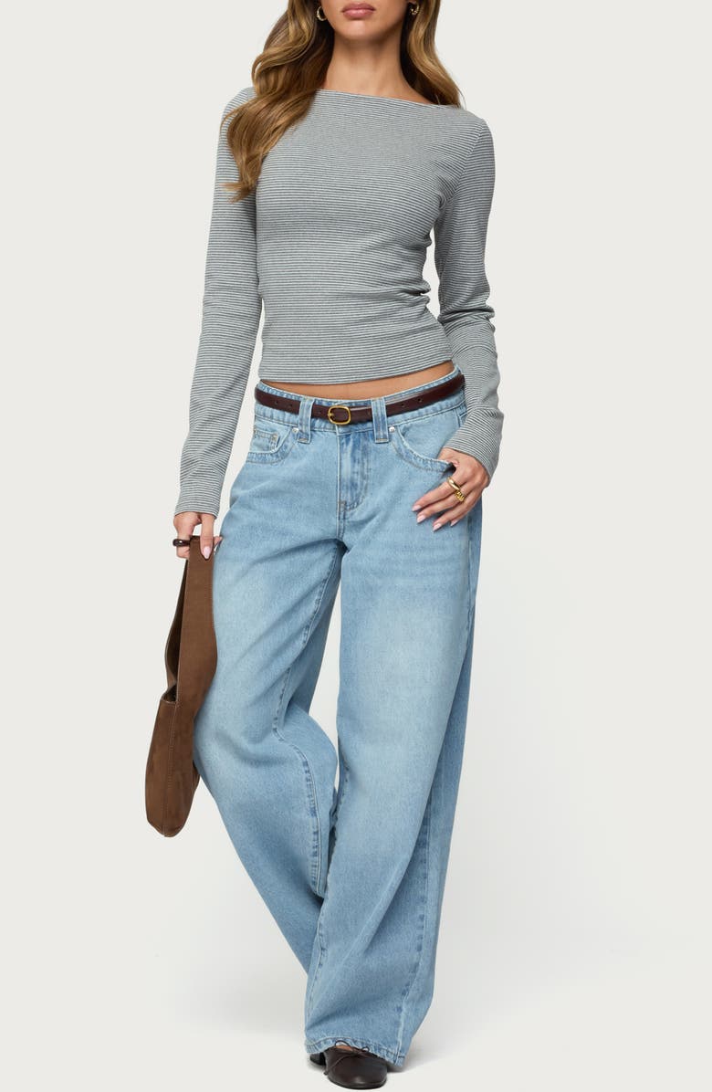 EDIKTED Loria Stripe Boat Neck Long Sleeve Top, Alternate, color, Gray-Melange