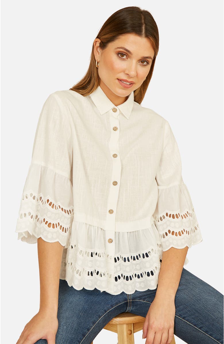 Yumi 34 Sleeve Relaxed Scallop Trim Shirt, Main, color, White