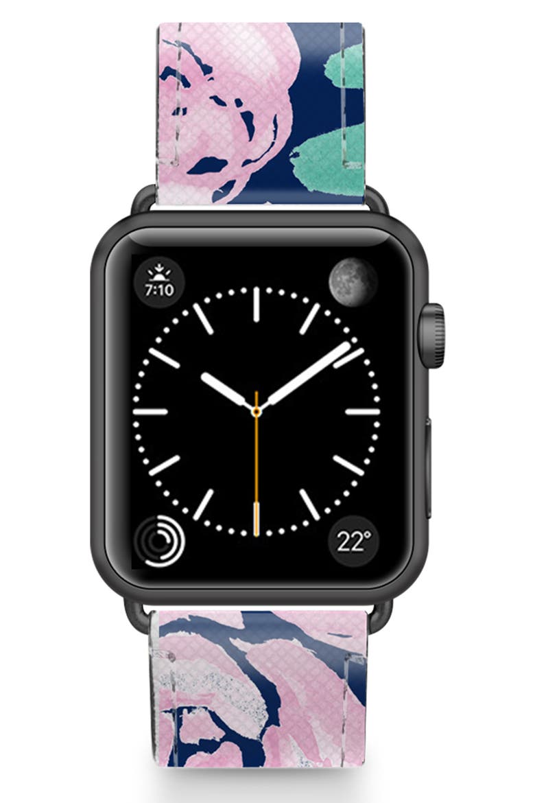 Pink Peonies Faux Leather Apple Watch® Watchband, Main, color, PINK/ BLACK