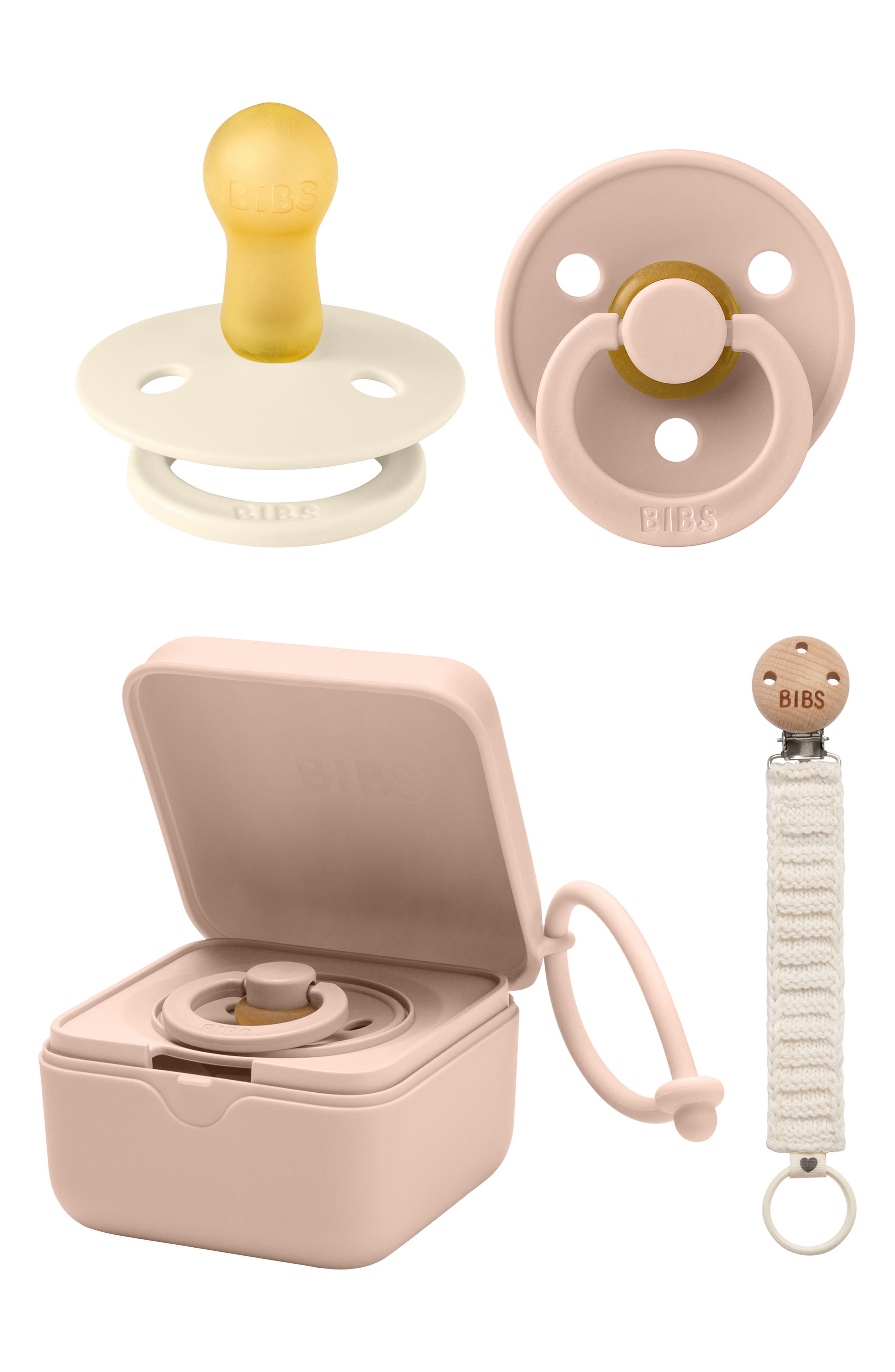 BIBS Pacifer, Pacifier Box & Pacifier Clip Set in Ivory/Blush 