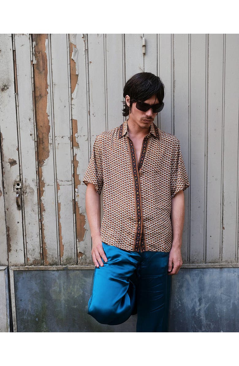 Monzlapur Embossed Botanical Short Sleeve Crepe Shirt, Alternate, color, Copper