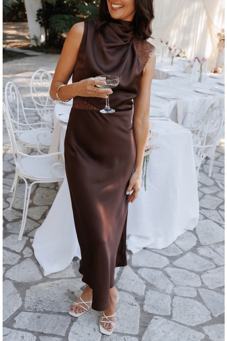 Anabelle Mock Neck Satin Maxi Dress, Alternate, color, CHOCOLATE BROWN