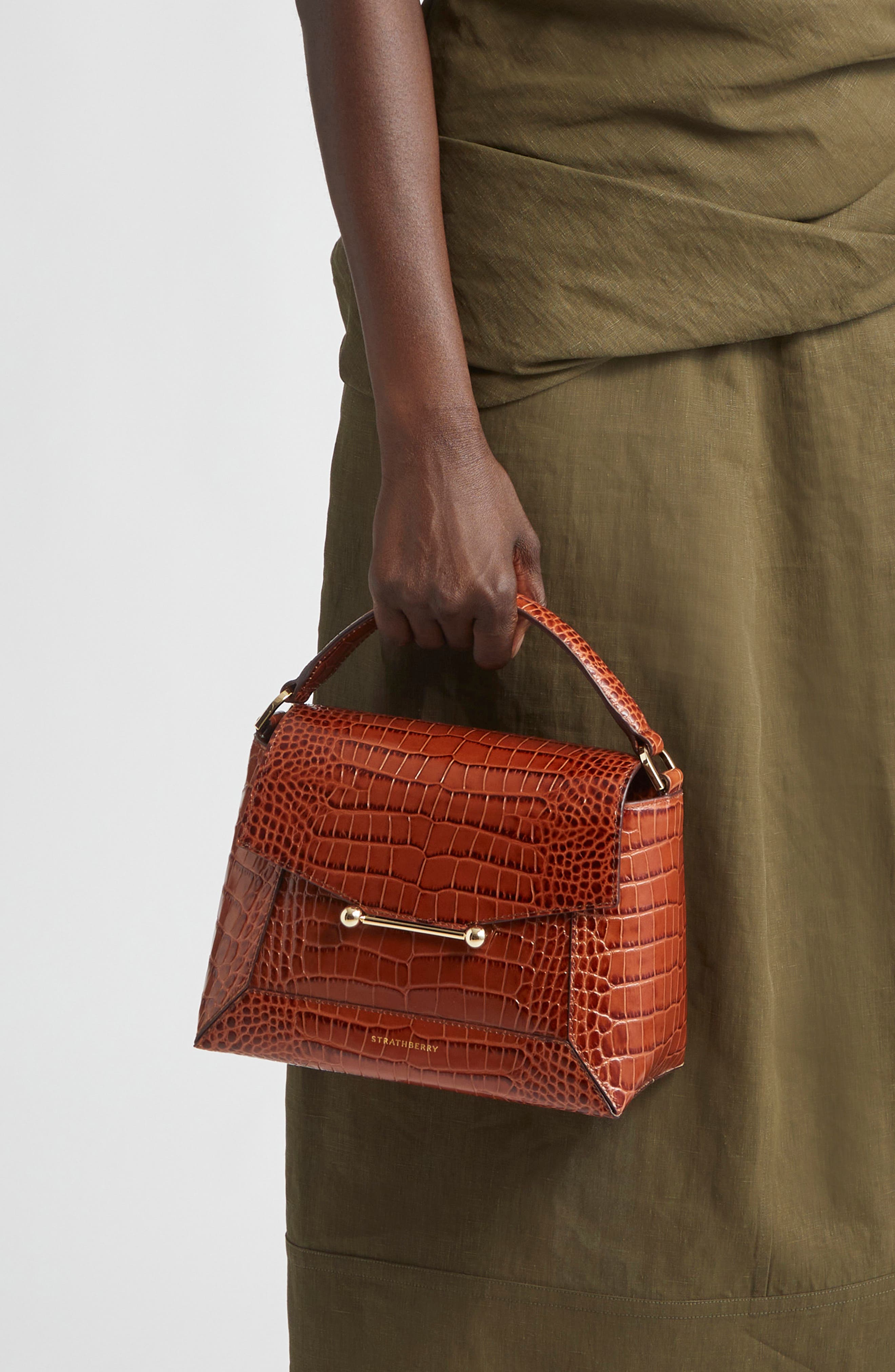 Mosaic Croc Embossed Leather Top Handle Bag, Alternate, color, WALNUT