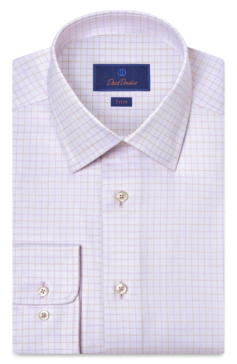 David Donahue Trim Fit Check Cotton Twill Dress Shirt, Main, color, Lilac/ Dune
