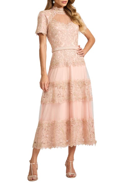 Lace & Mesh Midi Cocktail Dress