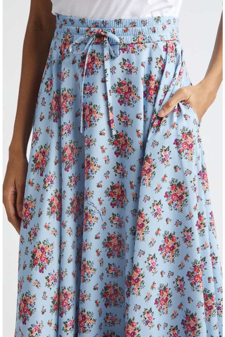 Floral Bouquets Gathered Stretch Charmeuse A-Line Midi Skirt, Alternate, color, MAZZOLINI FIORI FCEL