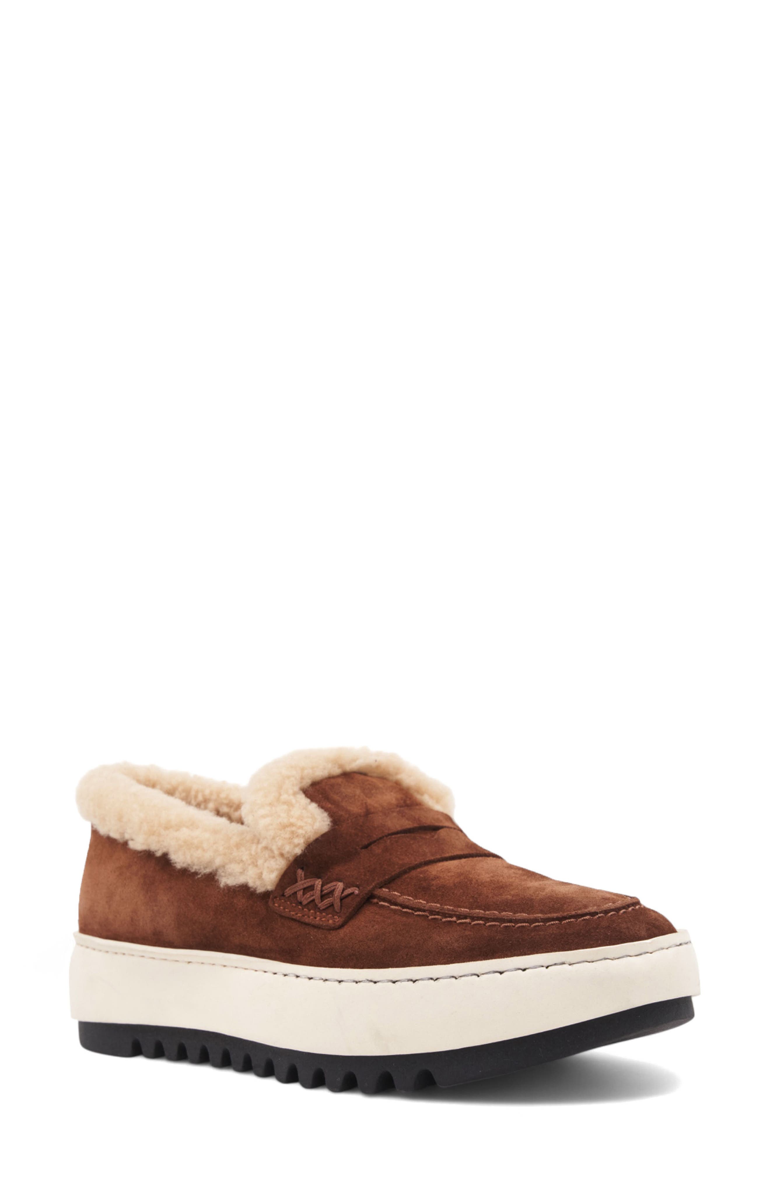 Aquatalia Ameila Genuine Shearling Lined Weatherproof Penny Loafer, Main, color, Brandy/ Ecru Suede