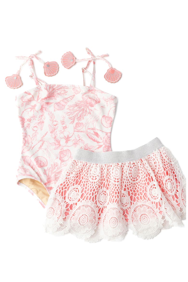 Seaside Toile One-Piece Swimsuit & Skirt Set, Main, color, CORAL