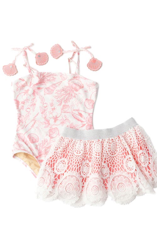 Shade Critters Seaside Toile One-piece Swimsuit & Skirt Set In Coral