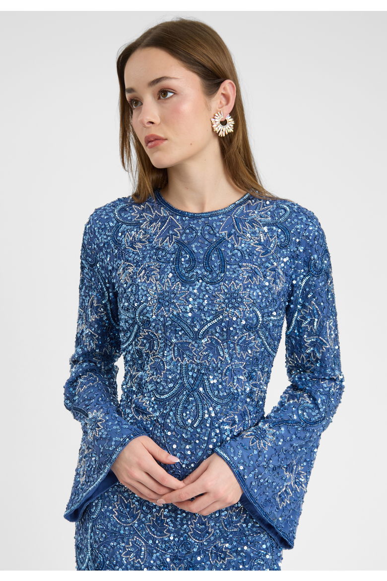 Modest Embellished Sequin Beaded Dress Maxi With High Detailed Work, Alternate, color, POWDER BLUE