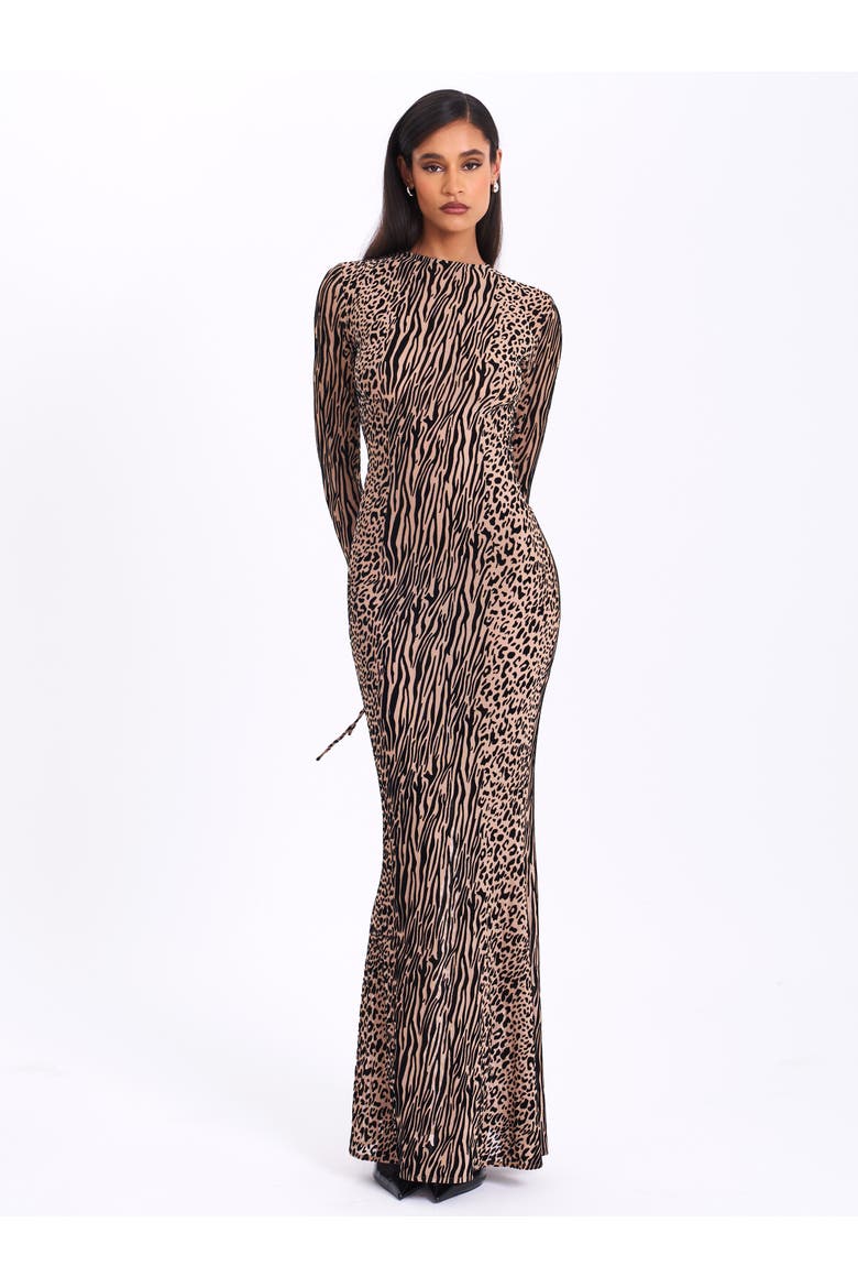 Waylynn Backless Burnout Velvet Maxi Dress, Alternate, color, Nude Black Animal Print