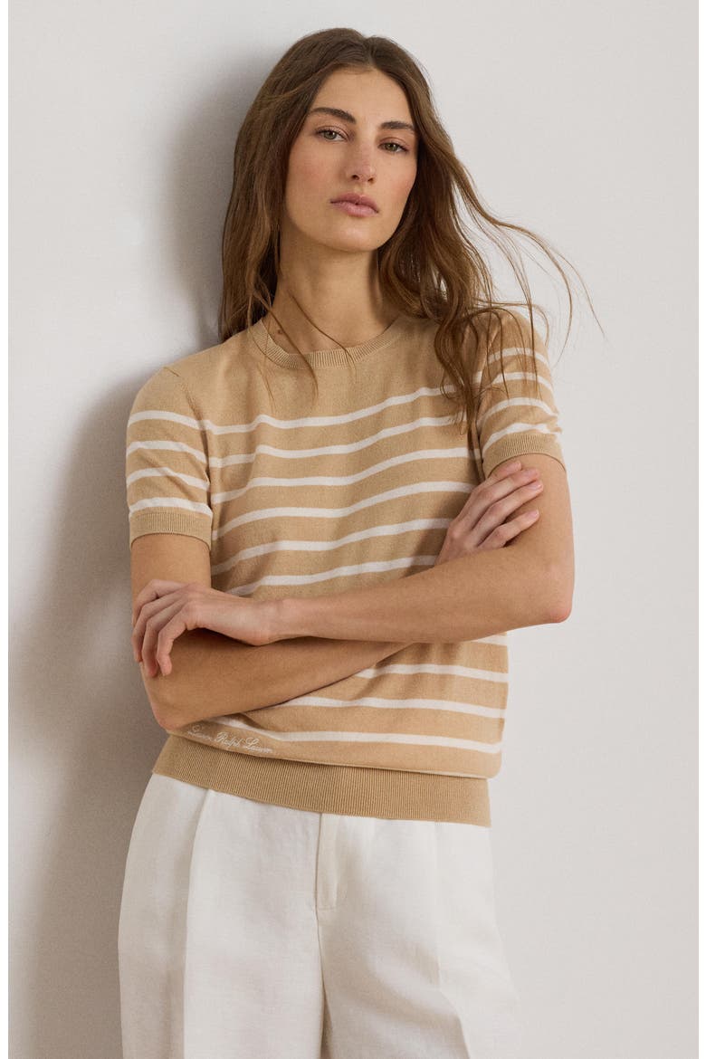 Short Sleeve Cotton Blend Sweater, Alternate, color, GINGER BEIGE/ MASCARPONE CREAM