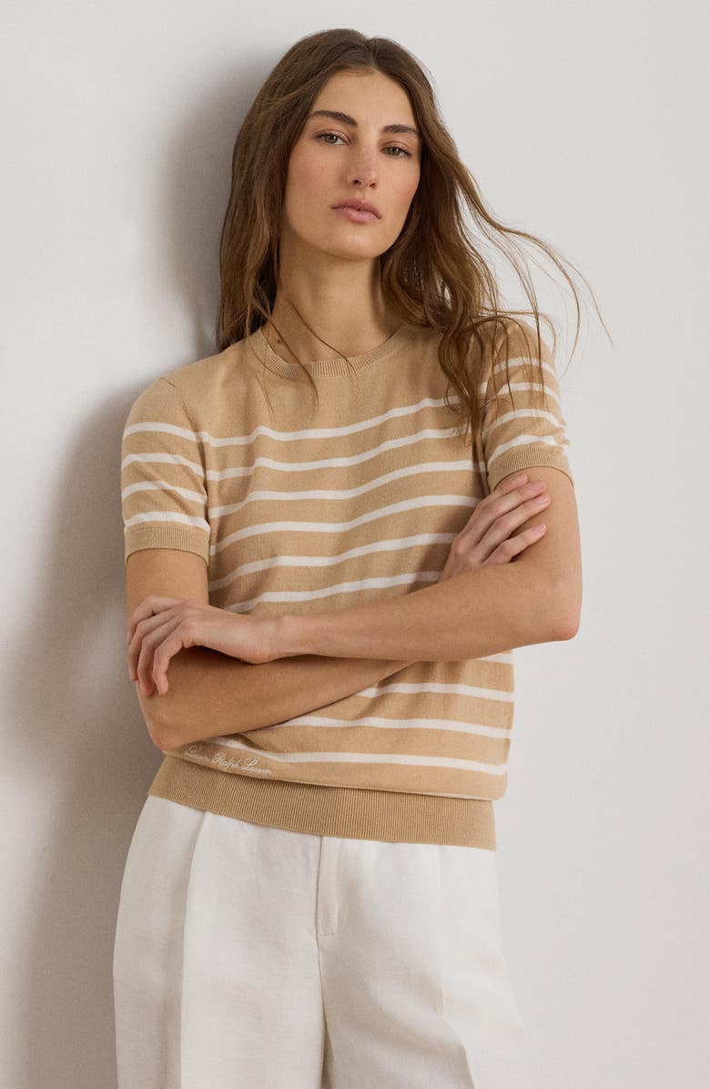 Lauren Ralph Lauren Short Sleeve Cotton Blend Sweater, Alternate, color, Ginger Beige/ Mascarpone Cream