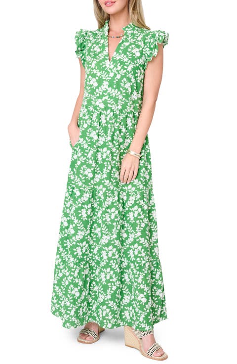 Floral Print Flutter Sleeve Maxi Dress