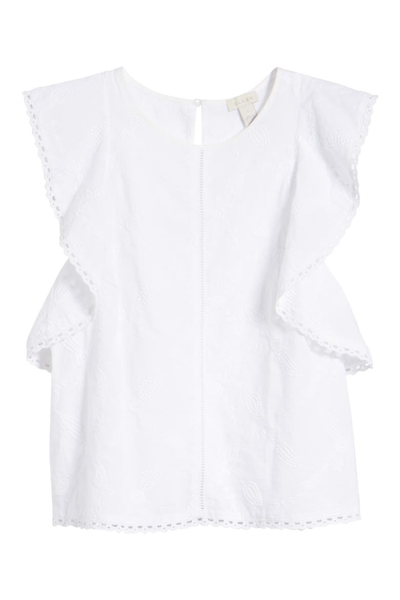 Flutter Sleeve Embroidered Top, Alternate, color, WHITE