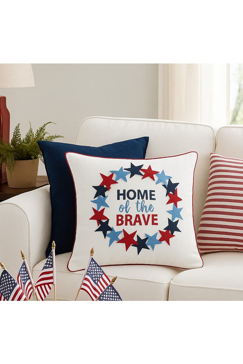 Patriotic "Home Of The Brave" Wreath Pattern Applique Accent Throw Pillow, 18" x 18", Alternate, color, Blue