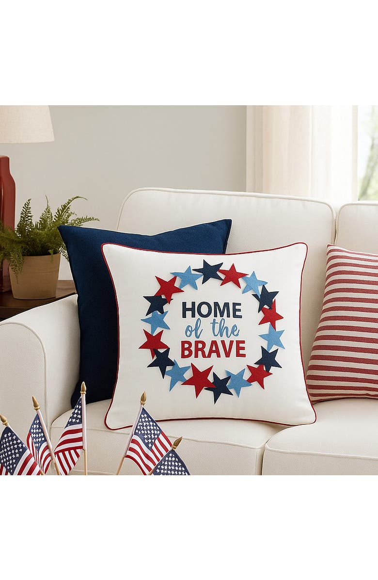 C&F Home Patriotic "Home Of The Brave" Wreath Pattern Applique Accent Throw Pillow, 18" x 18", Alternate, color, Blue