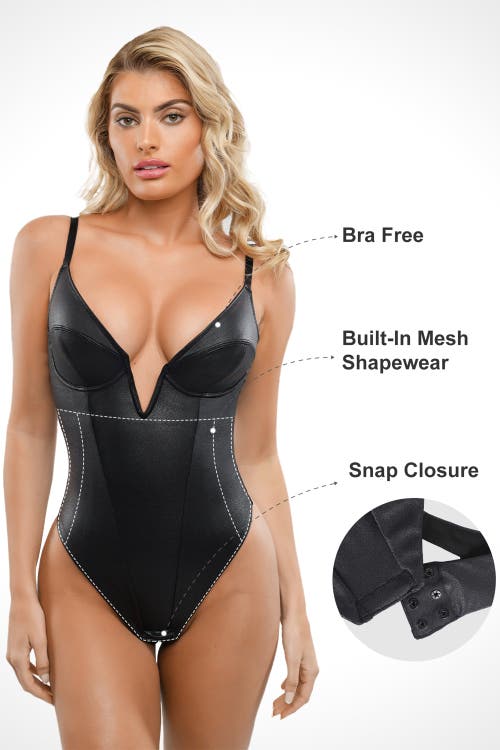 Popilush Shapewear Faux Leather Plunging V Sculpting Corset Bodysuit In Midnight Black