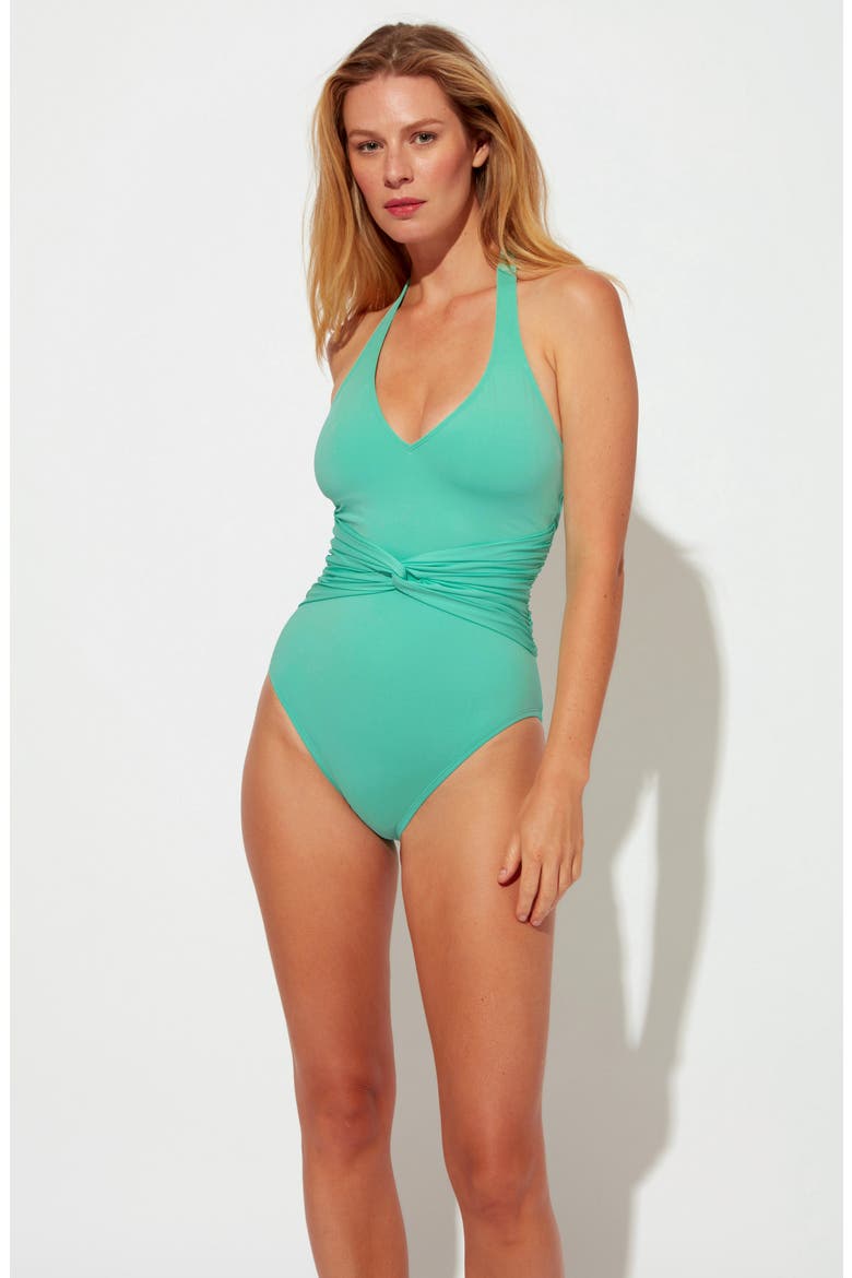 Goddess Plunge Halter One-Piece Swimsuit, Alternate, color, BISCAY GREEN