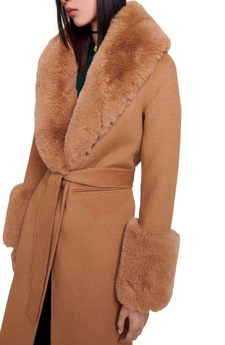 maje Wool Blend Belted Coat with Faux Fur Trim, Alternate, color, 