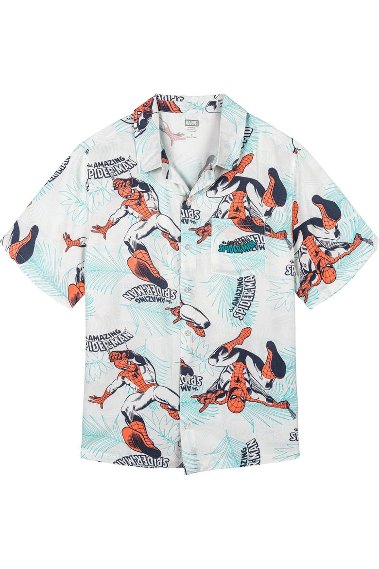Spider-Man Hawaiian Short Sleeve Button Down Shirt, Main, color, Spider Man White