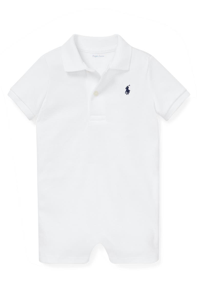 Ralph Lauren Solid Cotton Interlock Polo Romper, Main, color, White