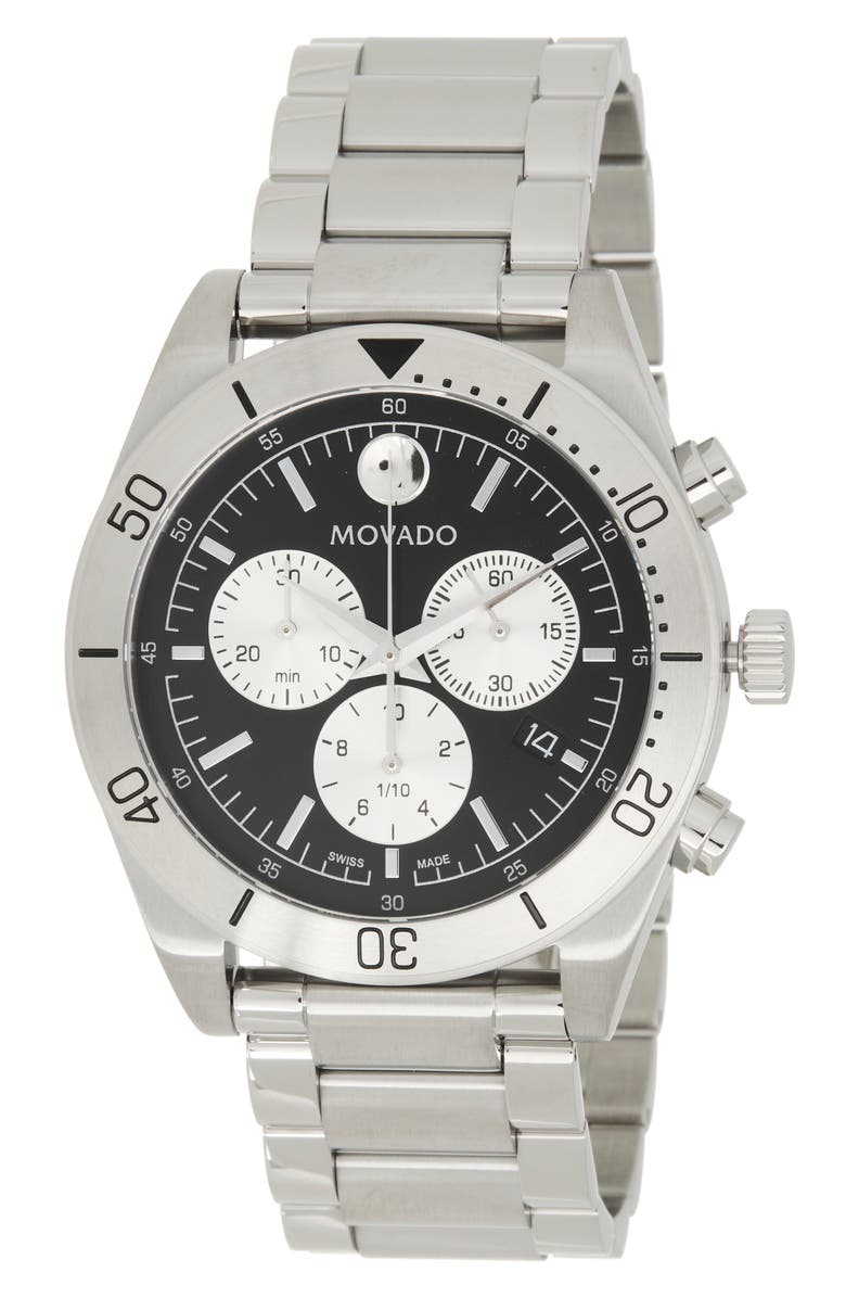 Movado Sportivo Museum Dot Chronograph Bracelet Watch, 44mm, Main, color, Silver/ Black