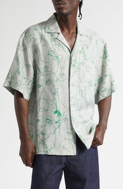 Doodle Print Twill Short Sleeve Button-Up Shirt