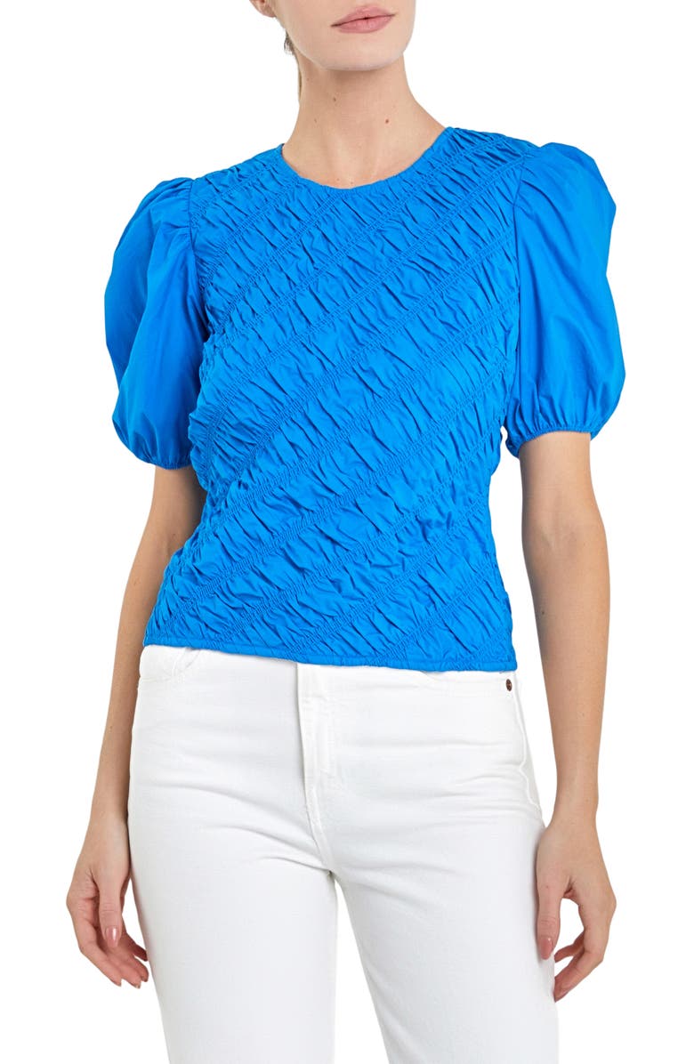 English Factory Asymmetric Shirred Puff Sleeve Top, Main, color, Sapphire Blue