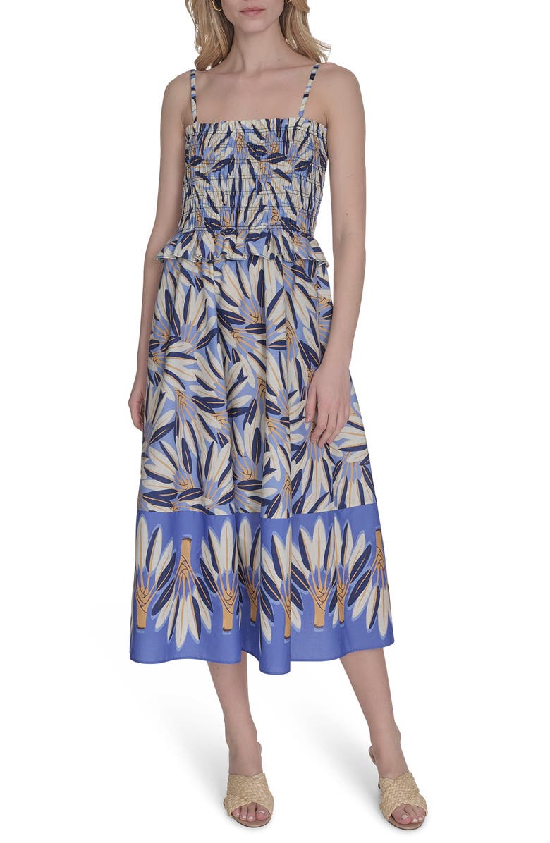 Vince Camuto Print Smocked Bodice Cotton Sundress, Main, color, Blue