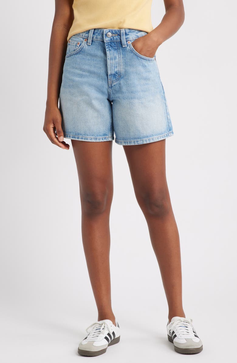 Topshop Editor High Waist Mid Thigh Denim Shorts, Main, color, Light Blue