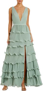 Mac Duggal Sleeveless Ruffle Tiered V Neck Gown