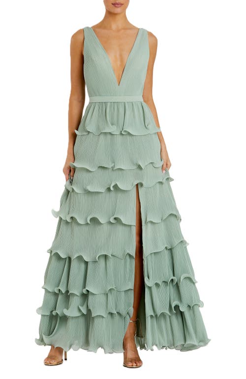 Mac Duggal Sleeveless Ruffle Tiered V Neck Gown In Sage