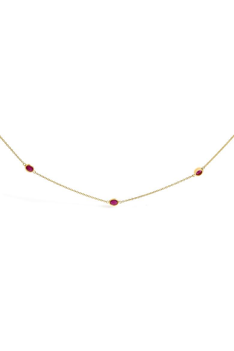 14K Yellow Gold Bezel Set 4x3 mm Oval Red Ruby Station Necklace, Main, color, Yellow