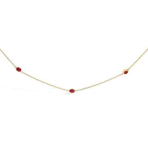 14K Yellow Gold Bezel Set 4x3 mm Oval Red Ruby Station Necklace
