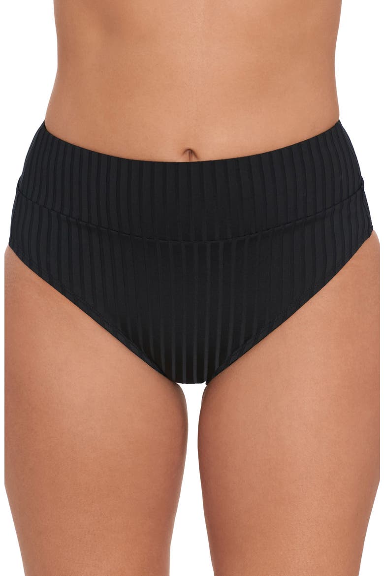Smoothing and Sculpting Ribbed Banded High-Waist Bikini Swimsuit Bottoms, Main, color, Onyx Black