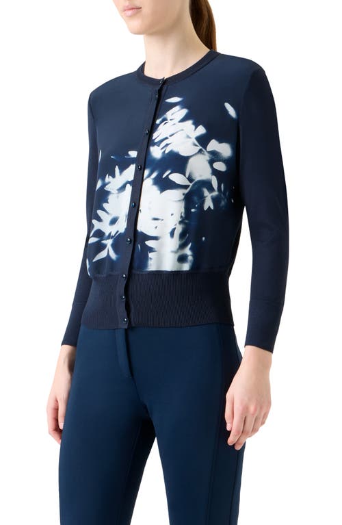 Akris Wildflower-print Silk Panel Crewneck Cardigan In Blue