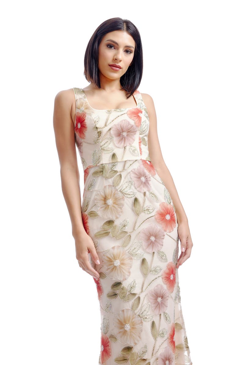 Dress the Population Tyra Floral Print Metallic Sleeveless Gown, Alternate, color, Champagne Multi