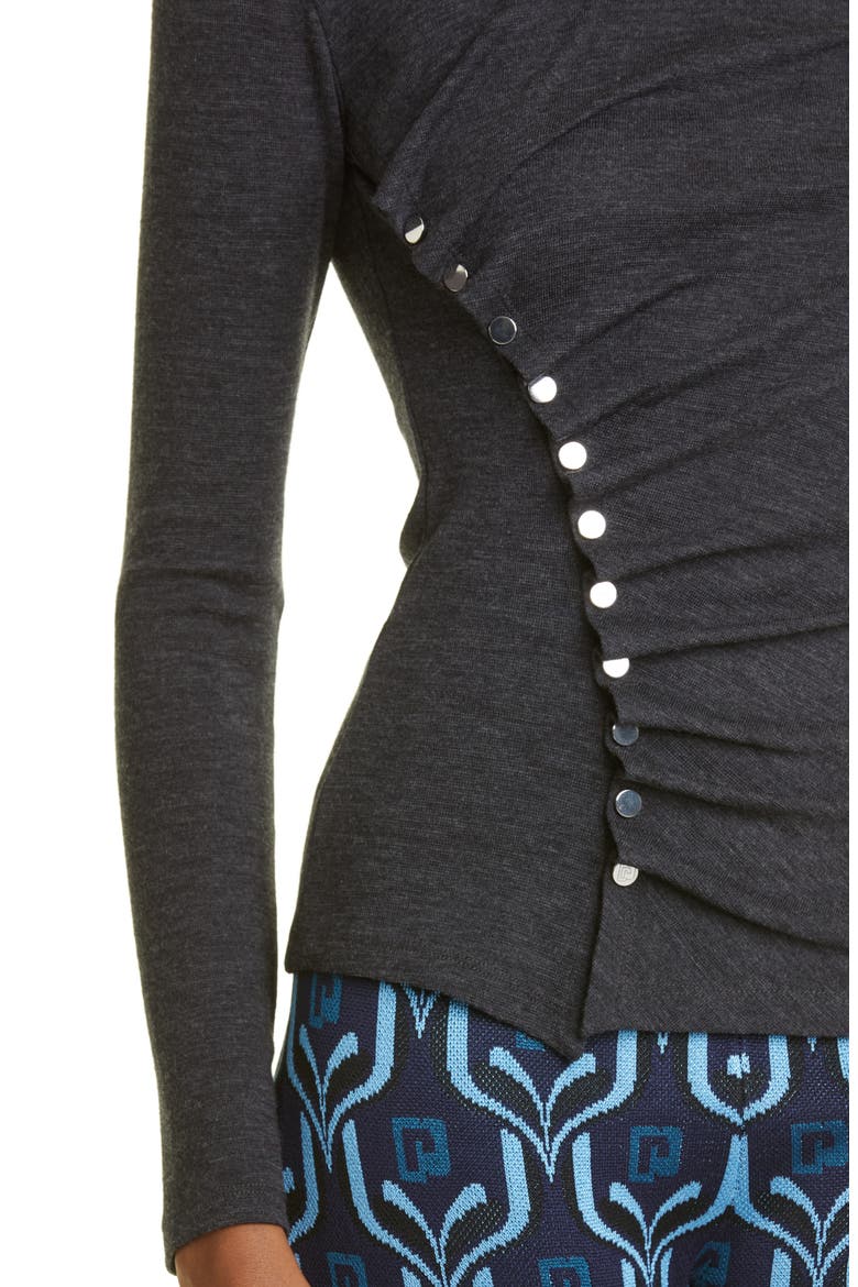 Fitted Long Sleeve Asymmetric Snap Stretch Virgin Wool Top, Alternate, color, DARK GREY