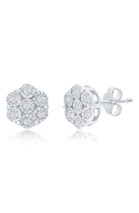 Sterling Silver Diamond Flower Stud Earrings - 0.03ct.