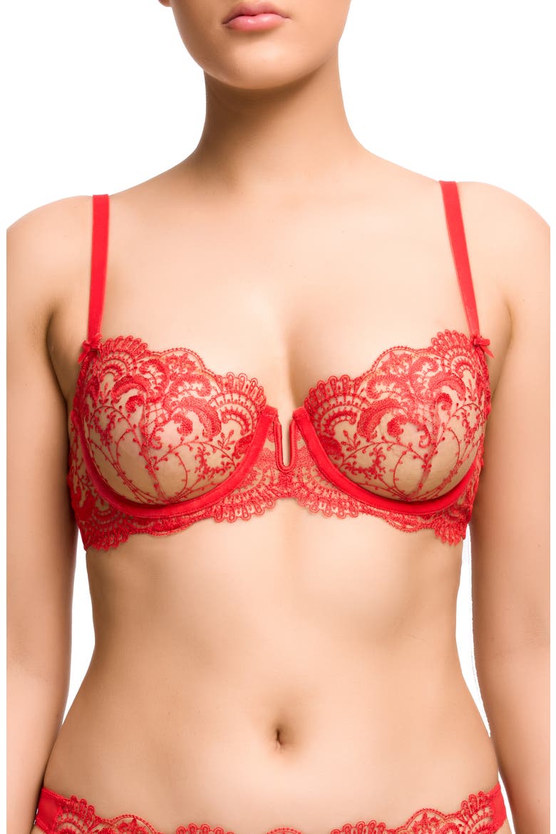 Nom de Plume Velvet Trim Underwire Balconette Bra, Main, color, FLAME