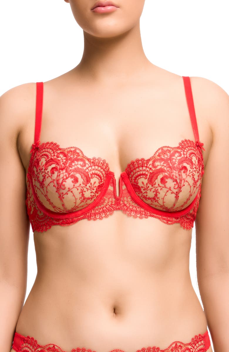 Dita Von Teese Nom de Plume Velvet Trim Underwire Balconette Bra, Main, color, Flame