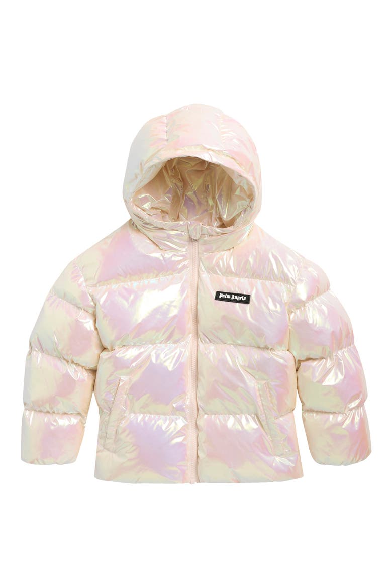 Logo Shiny Hoodie Puffer Jacket, Main, color, PEARL ROSE OFF WHITE