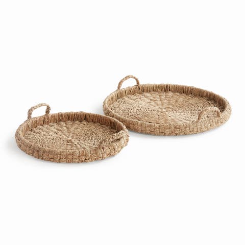 Sawyer Round Trays With Handles, Natural Mendong Rattan, 2pc
